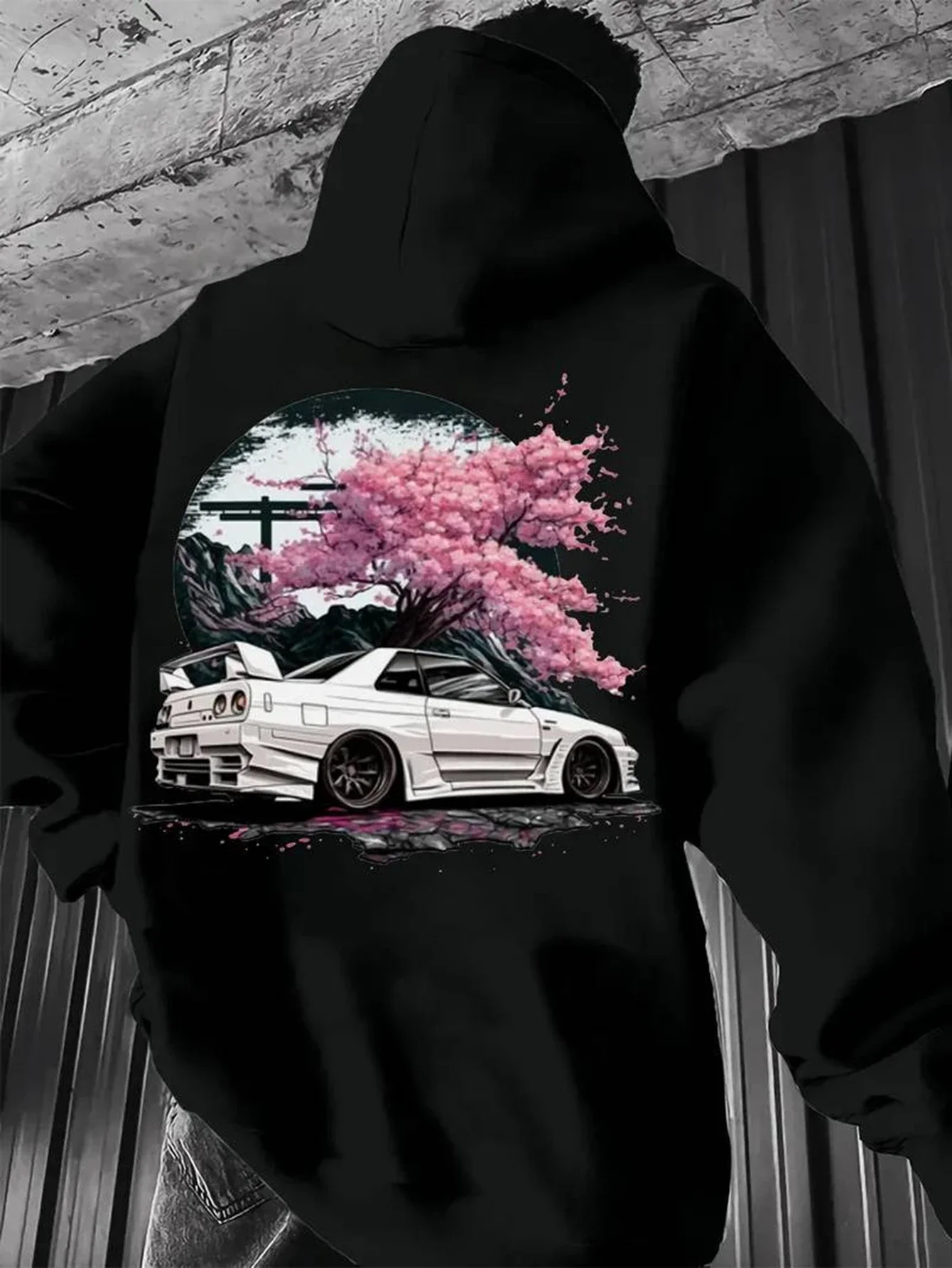 Herren-Hoodie für Herbst/Winter im Minimalistischen Streetwear-Stil mit Vintage JDM Weißem Sportwagen und Kirschblüten-Grafiken