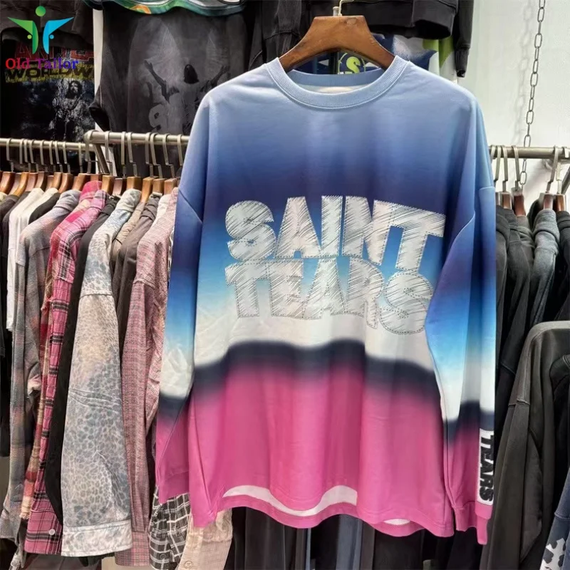 

24SS SAINT Fall Winter Tie-dye Full Print Retro Round Neck Fashion Men's Women's Long Sleeve T-shirt Tops