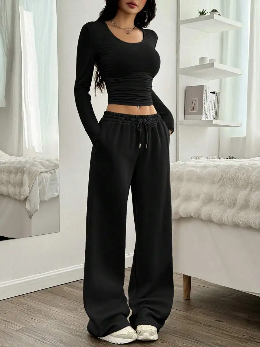 Black 2-Piece Set: Cropped Long Sleeve Top & Wide Leg Drawstring Pants