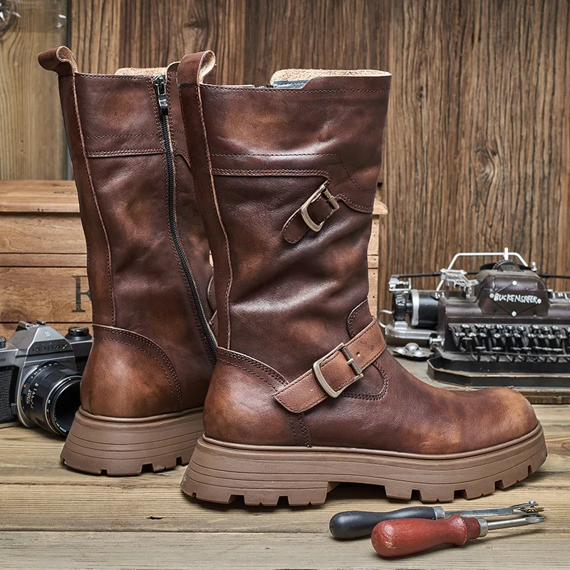 Euro Size 38-44 New Men\'s Winter Mid-calf Buckle Belt Leather Knight Boots Cool Shoes Young Man