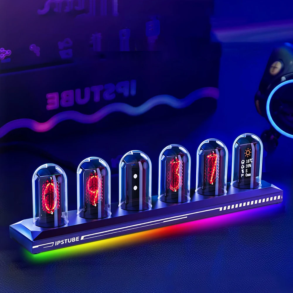 Nixie Tube Clock with IPS Color Screen, RGB Full-Color Neon Glow Tube, 3 Light Mode, Time Photo Display for Desktop Decoration