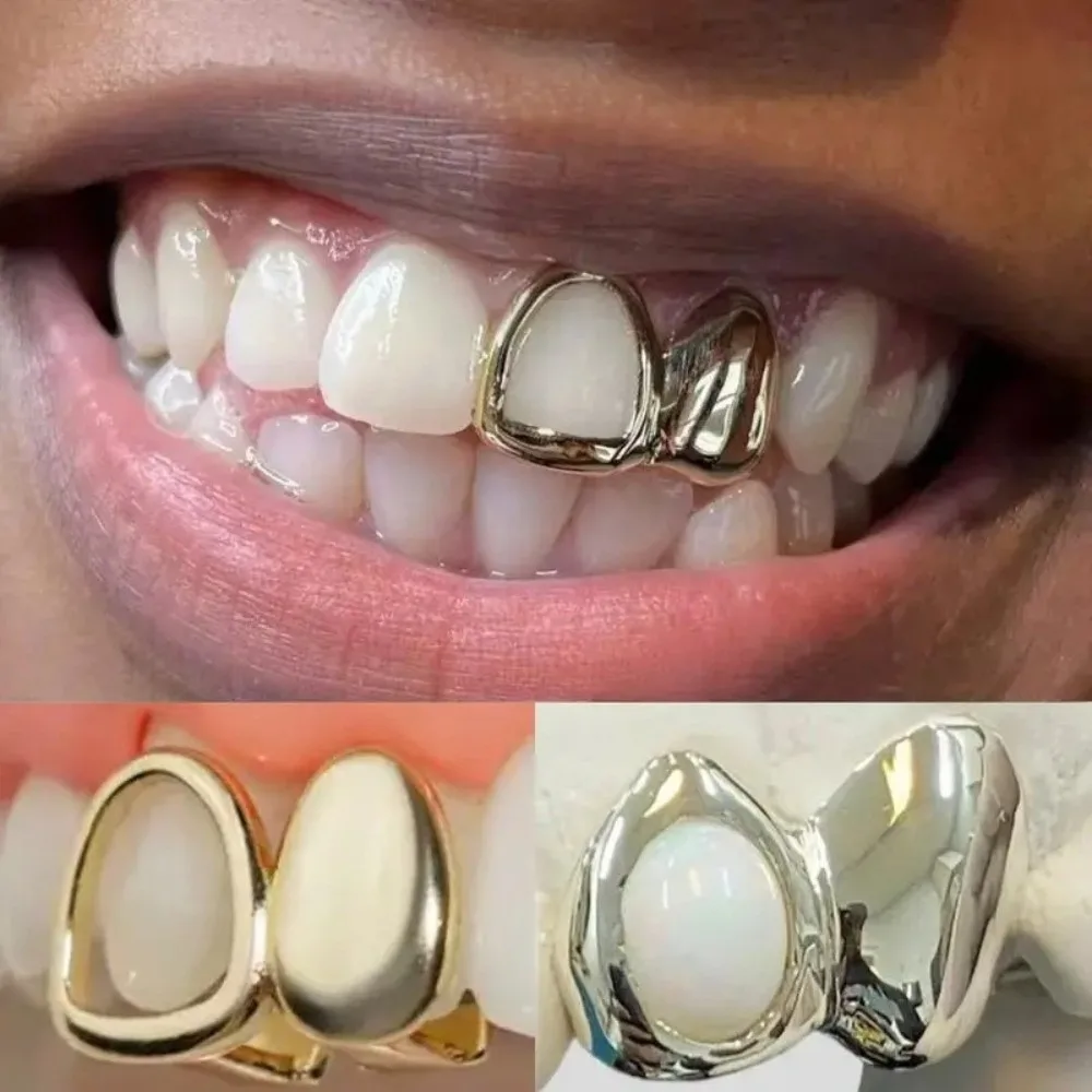 Unique Hollow Out Teeth Grillz Vintage Geometric Open Face Tooth Caps Glossy Open Frame Temporary Teeth Grills