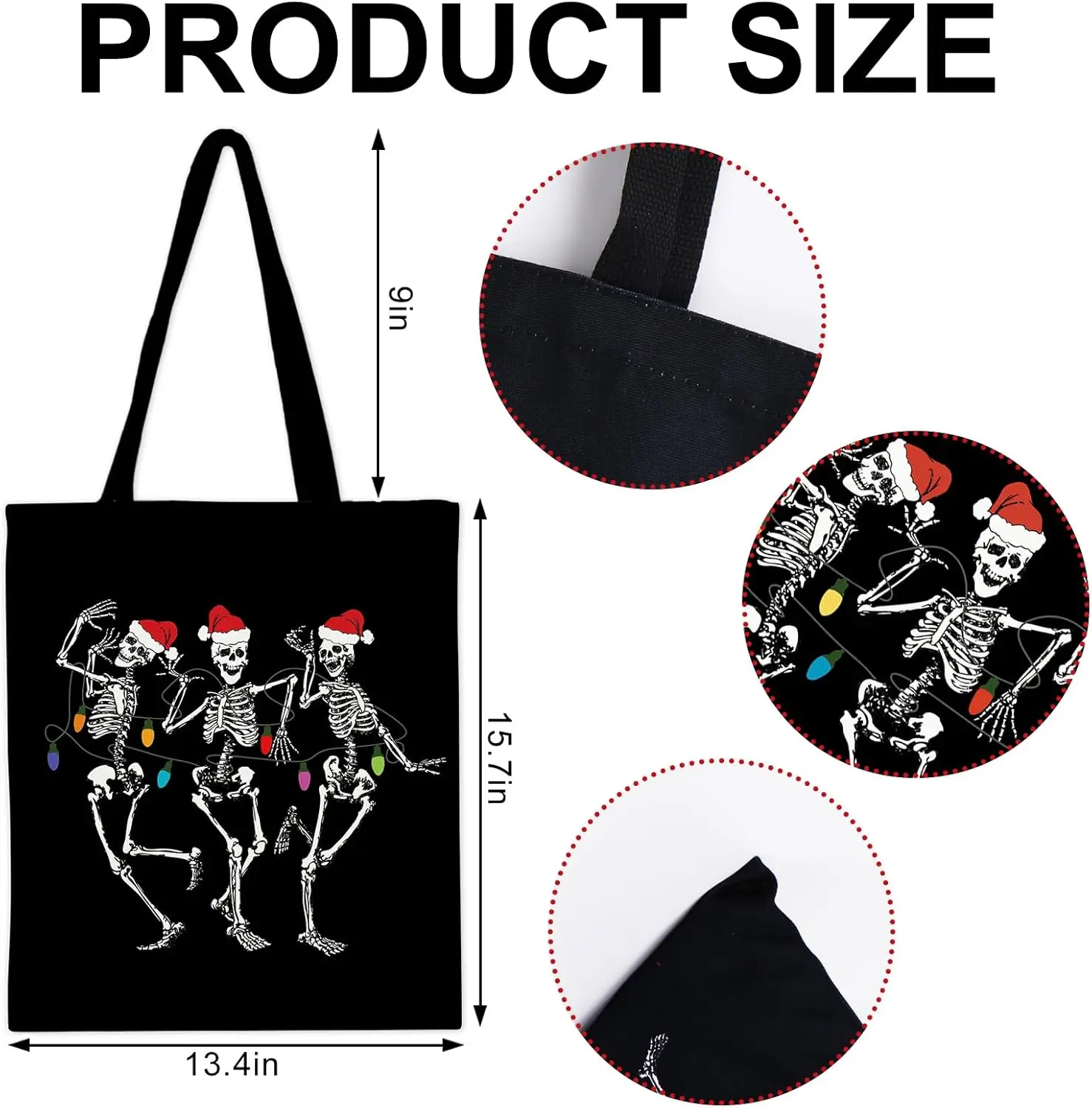 Christmas Canvas Tote Bags Dancing Skeleton with Santa Hat Shopping Bag Black Reusable Gift Goodie Bag for Wrapping Storage