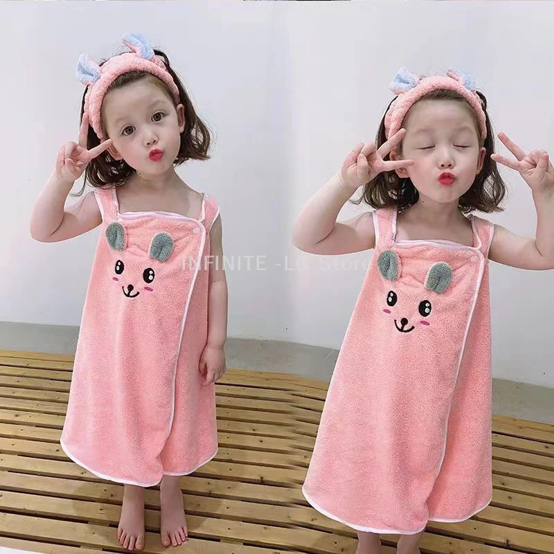 Conjunto de falda de ducha con banda para el pelo para niños de terciopelo Coral, albornoz suave y absorbente