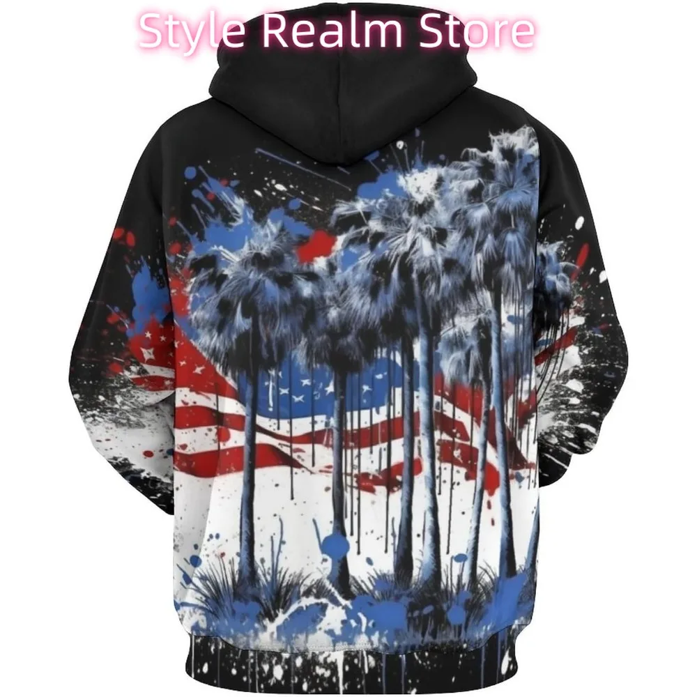 سويت شيرت بقلنسوة للرجال بعلم أمريكي أمريكي مطبوع عليه هيبي مضحك على شكل جمجمة