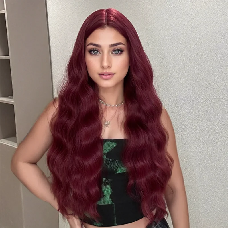 Synthetic Hair Wigs Wine Red Natural Hair Wig Middle Part for Women Long Water Wave Purple Red Heat Resistant Cosplay Party Wigs