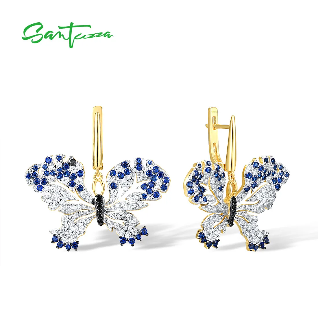 

SANTUZZA Real 925 Sterling Silver Earrings For Women Sparkling White CZ Blue Spinel Butterfly Cute Animal Trendy Fine Jewelry