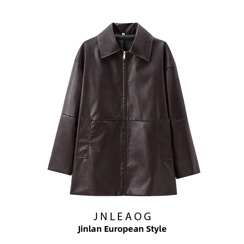 เสื้อโค้ทหนังเทียมทรงยาวแฟชั่นใหม่สไตล์สตรีทสำหรับฤดูใบไม้ร่วง  ผ้าโพลีเอสเตอร์อเนกประสงค์สำหรับวัยรุ่นหญิง