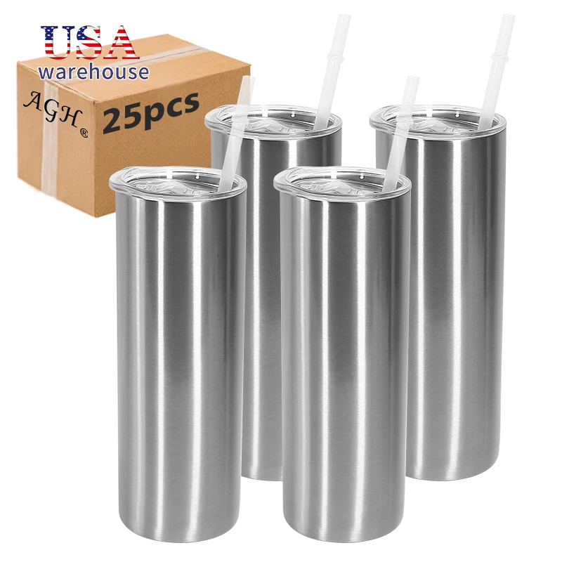 

25pcs Pack 20oz Double Wall Stainless Steel Silver Skinny Straight Sublimation Blank Tumbler 20 oz With Plastic Straw Hu