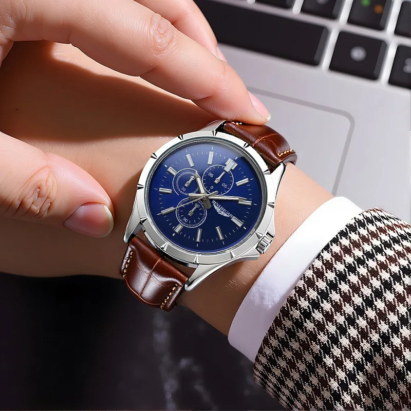 Men Chronograph Quartz Watch, Blue Dial Brown Leather Strap Waterproof Business Wristwatch for Male view 4