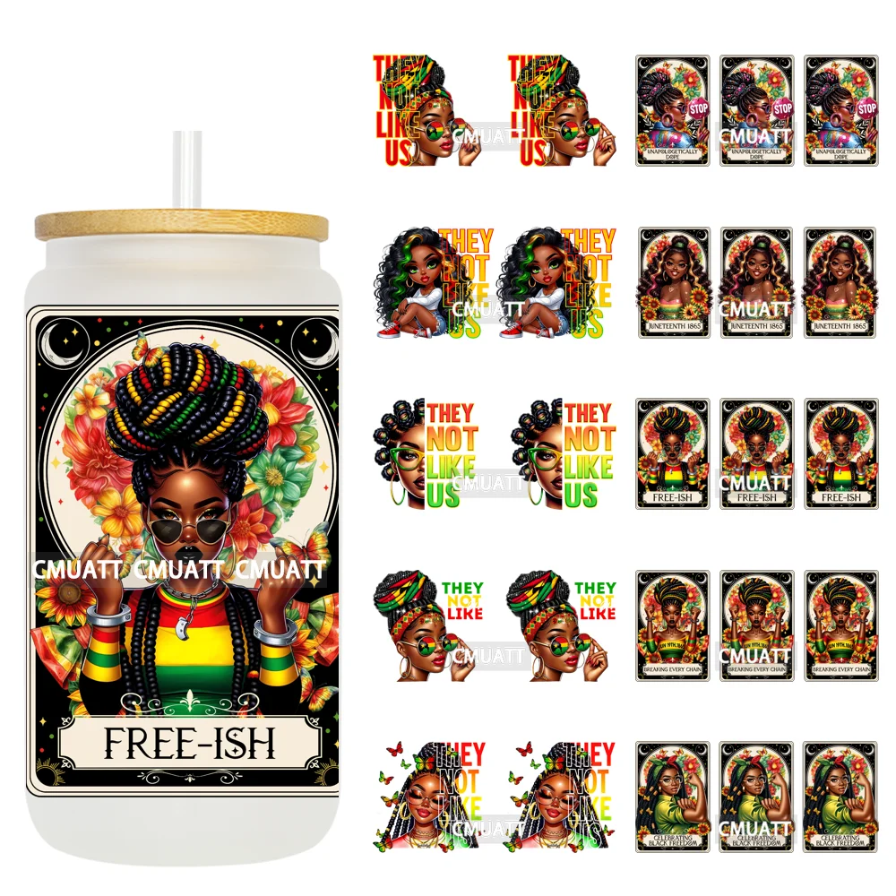 

Juneteenth They Not Like Us UV DTF Cup Wraps Black Girl Tarot Cards Ready To Apply Transfer Stickers For 16OZ Libbey Glass Can