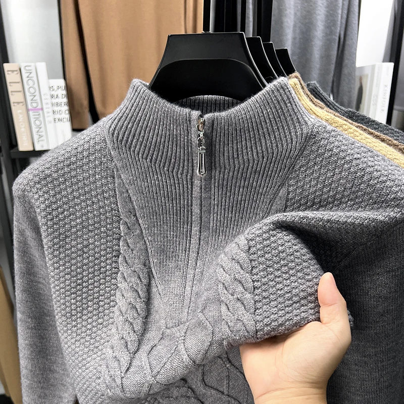 

Fashion half zipper solid color men's sweater luxury jacquard new knitted pullover autumn winter warm comfort half high neck top