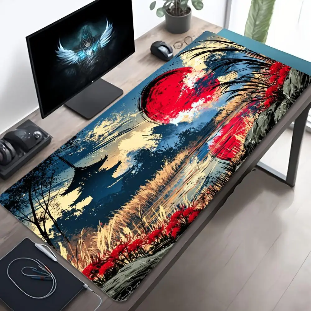Oriental Ink Landscape XXL Gaming Mouse Pad Pagoda Red Sun Spider Lily Art Desk Mat Non-Slip Rubber Computer Keyboard Mouse Mats