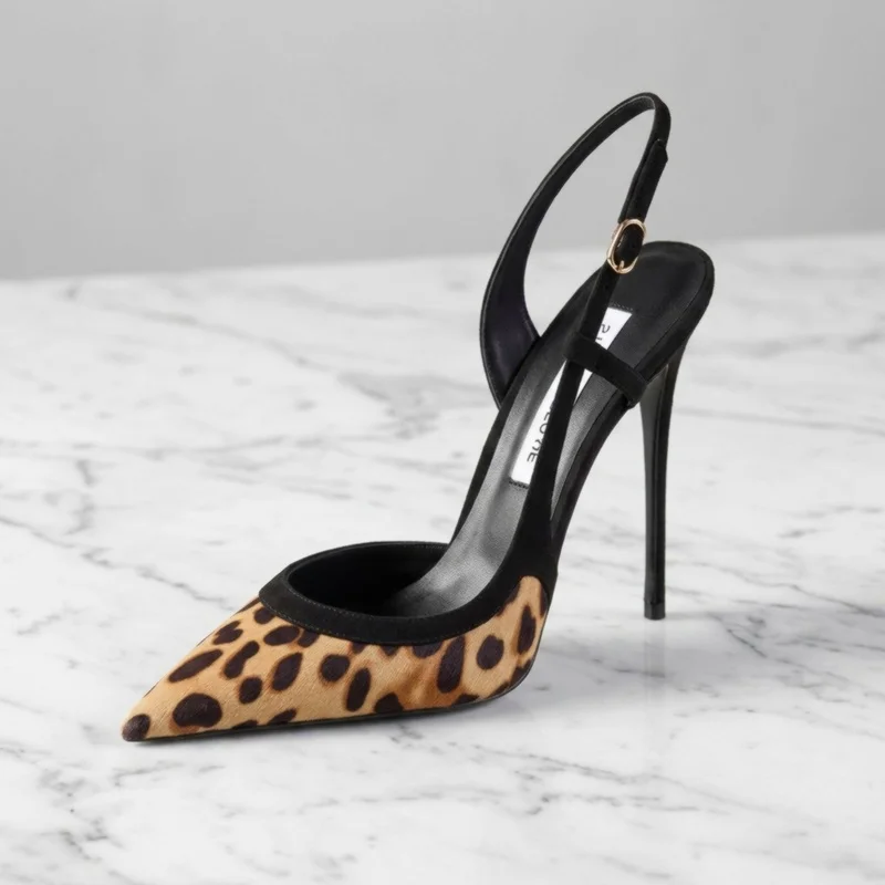 Yuejinlong #YJ26-802, Black Suede Leopard-Print Ankle-Strap Sandals, Open-Toe Stiletto Heels, Party-Fashion 2026 New