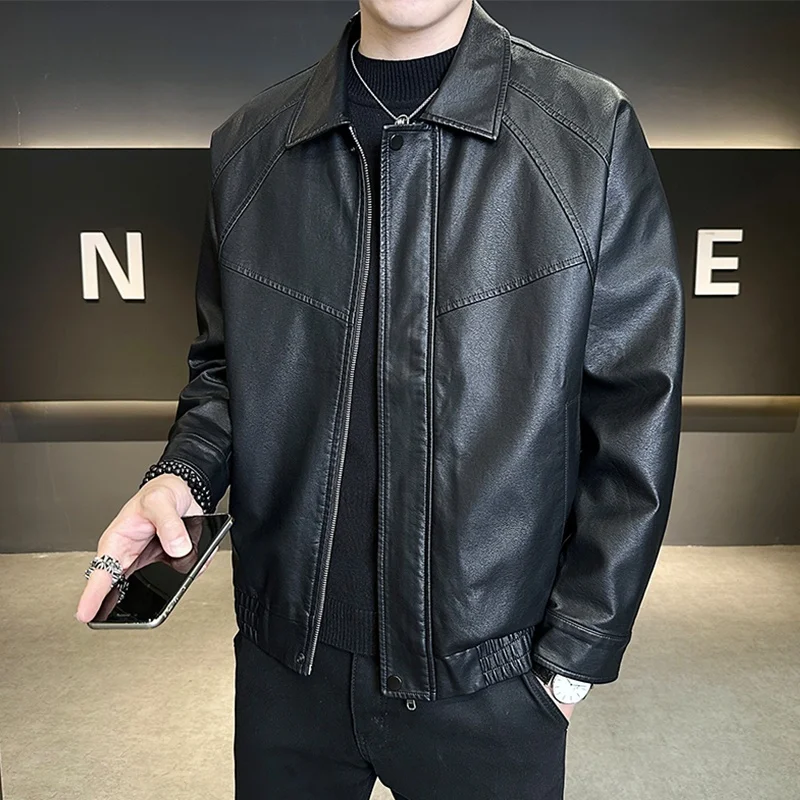

Men's PU Leather Jaet Motorcycle Sle Waed Workwear Flip Collar Spring Autumn New Trendy Brand Windproof Casual Coat