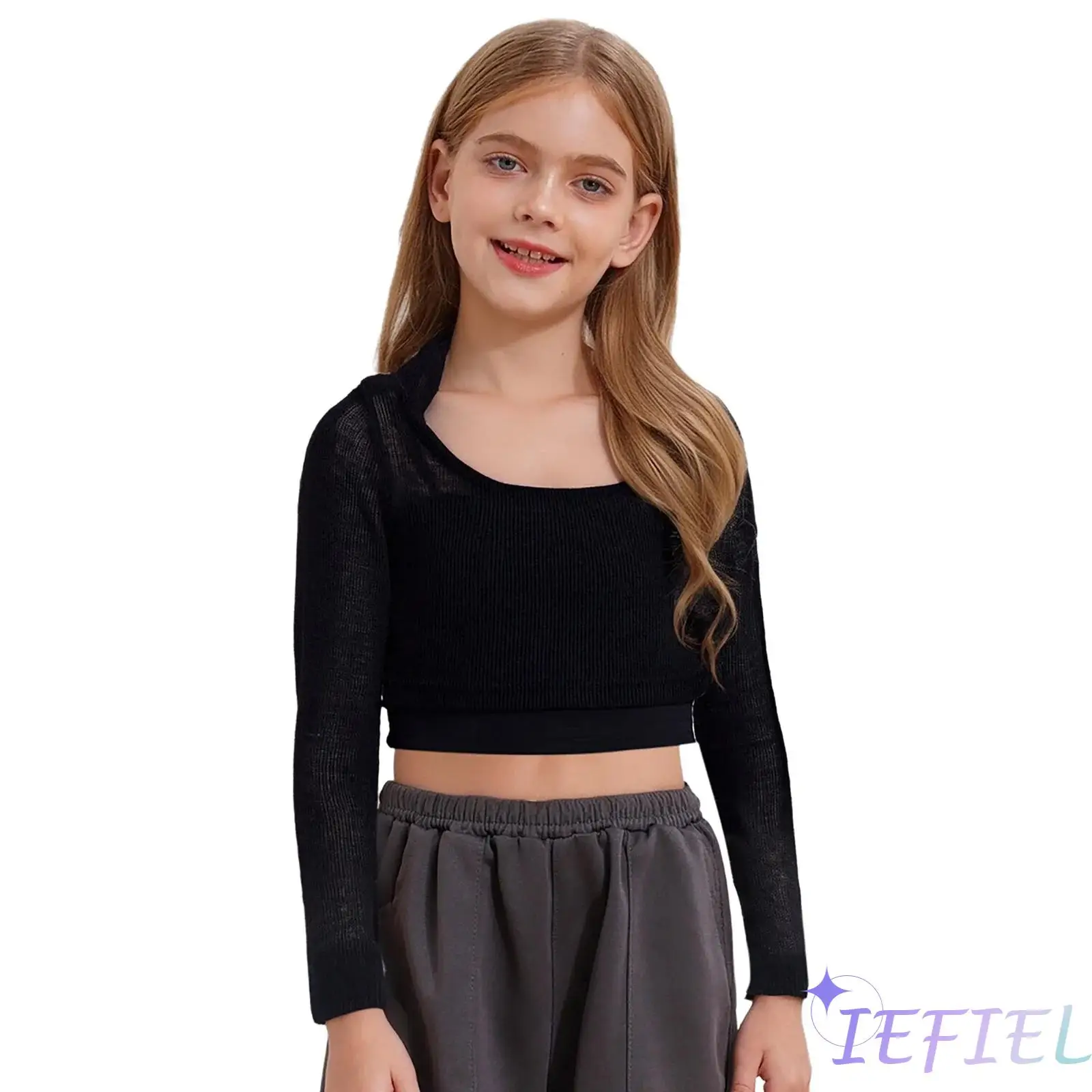 Costume de danse Jazz Hip Hop pour enfants filles, haut court transparent à capuche à manches longues avec bretelles Spaghetti, Camisole Style danse de rue