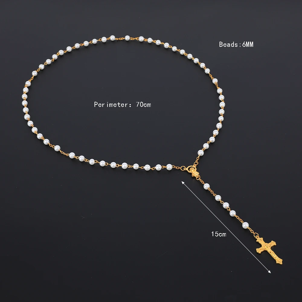 Colar de rosário de pérola redonda, 6mm, para mulheres, crucifixo religioso católico, pingente de cruz, contas longas, corrente, homens, joias de oração, presente
