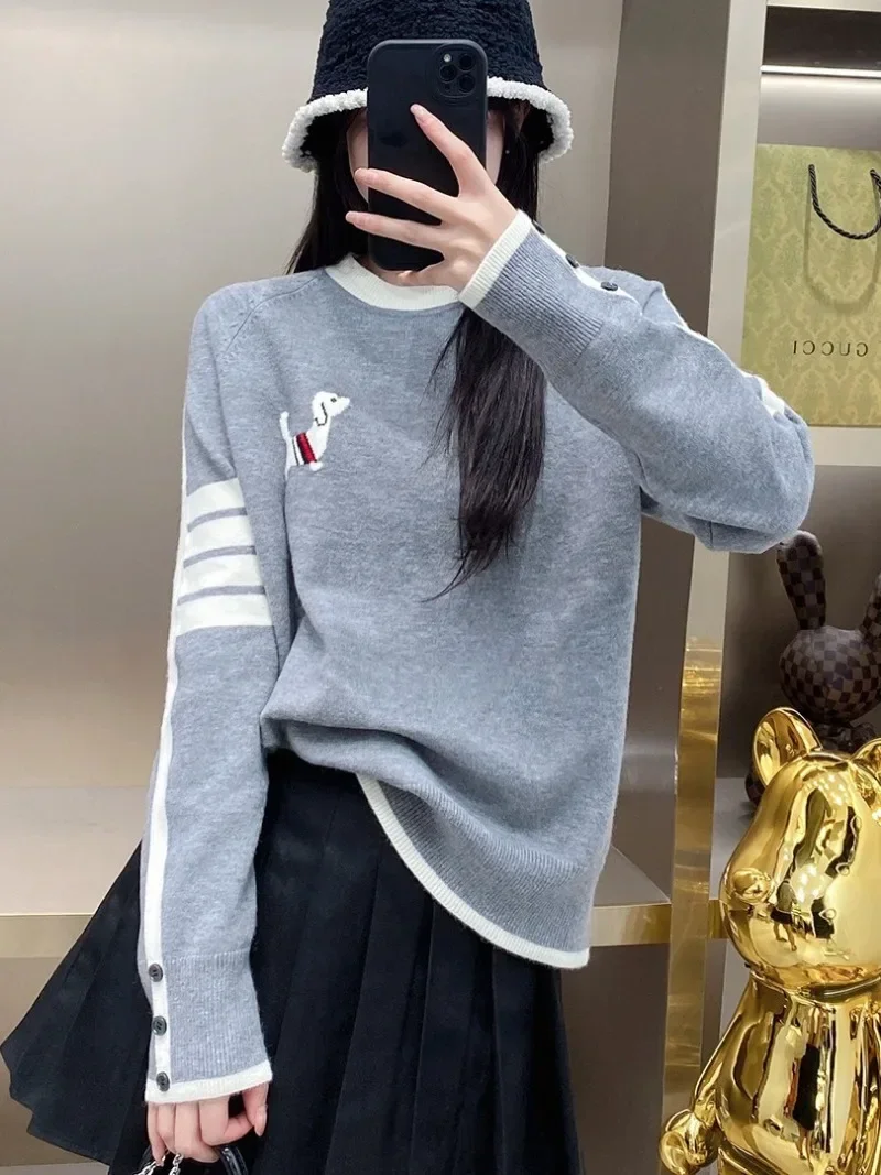 Korean Sweet Women Long Sleeve Autumn Tops Cute Dog Jacquard Spliced Sweater College Girls Preppy Knitwear Pullover Loose Casual