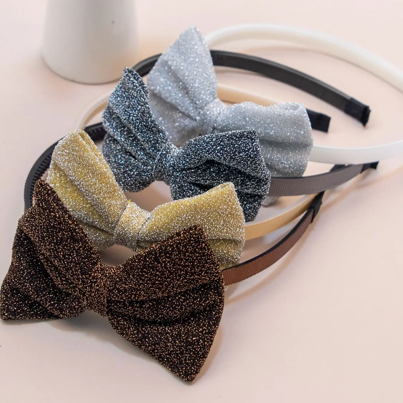 4pcs Girls Hair Bows with Hairbands Soft Glitter Bows Headbands for Girls Kids Hair Accessories Teeth Plastic Headband Headwear