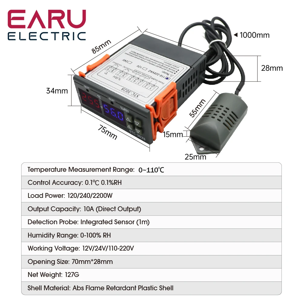 STC- 3028 Dual Digital Temperature Controller Hygrometer C/F Thermostat Two Relay Output AC 110V 220V DC 12V 24V 10A