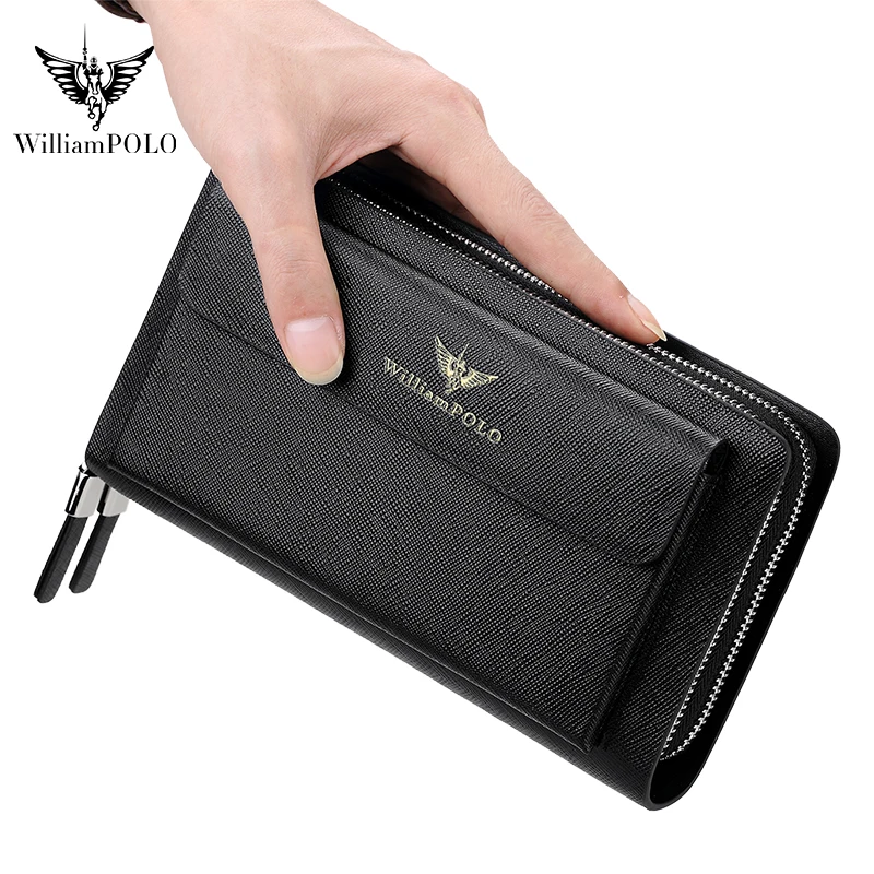 Brand Men Clutch Bag Fashion Leather Long Purse Wallet Black Blue Male Casual Handy Bag Double Zipper Business RFID