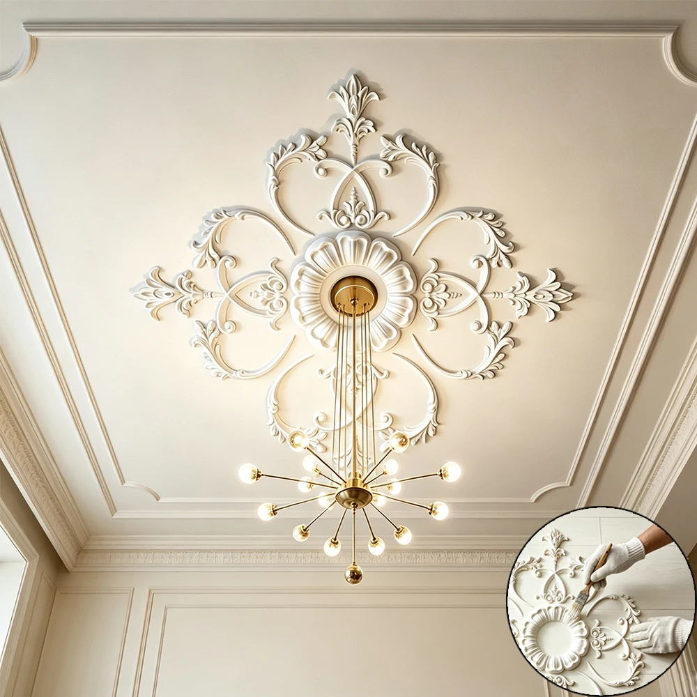 Large French Style PU Ceiling Medallion,Decorative Rosette Onlay Applique for Light Fixtures,Paintable Ceiling Ornament Moulding