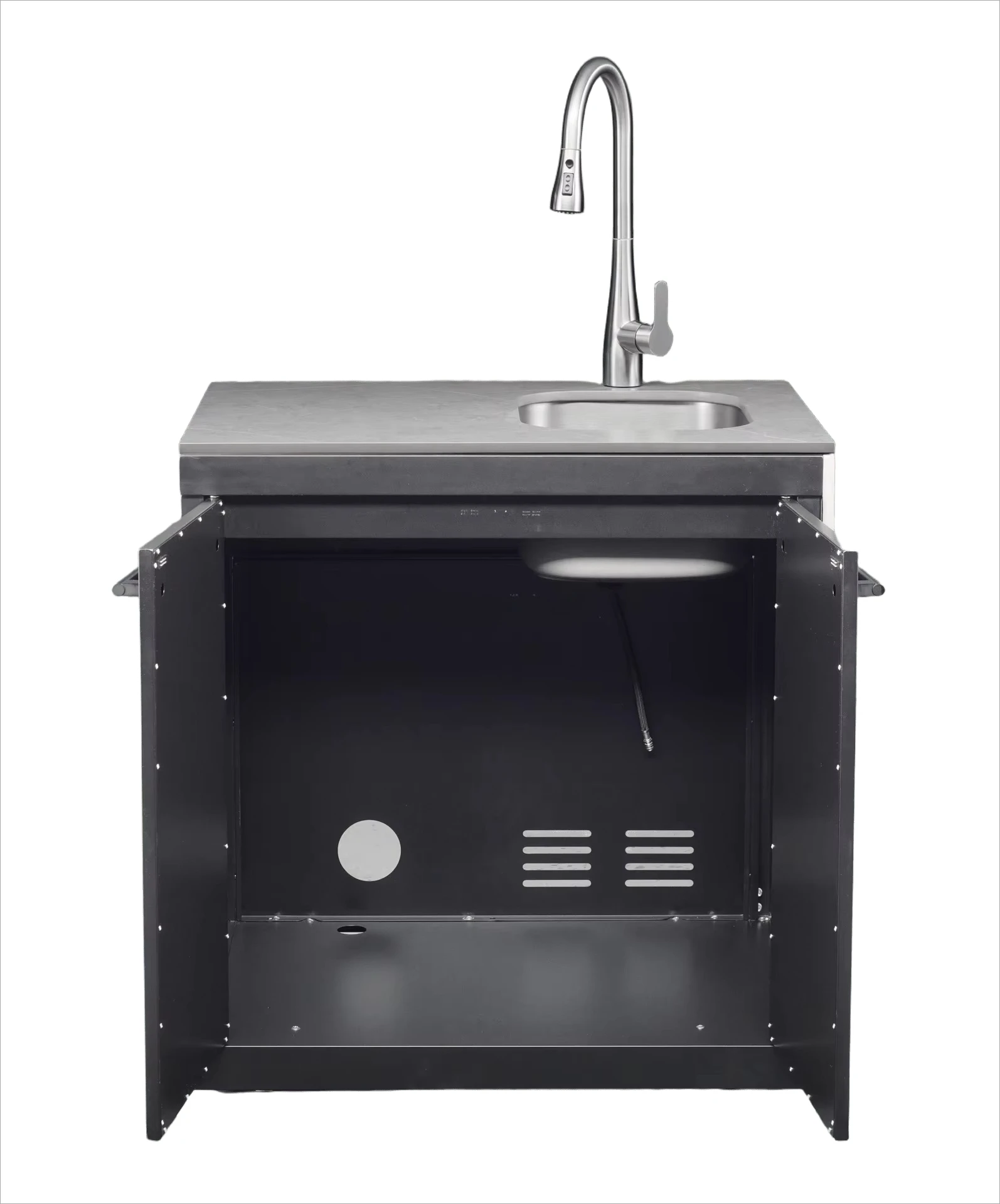 

Black Marble Double Bowl Outdoor Kitchen Faucet with Custom Color 4-Wheeled Movable Design 304 Stainless Steel Modern Style