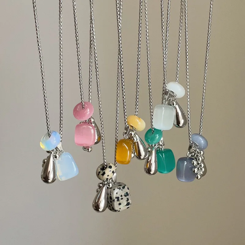 Minar INS Hot Colorful Natural Stone Grape Strand Water Drop Tassel Pendant Necklaces for Women Silver Plated Box Chain Chokers