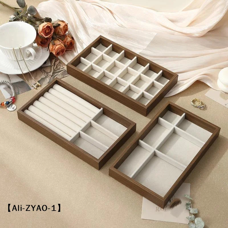 【O】Walnut Wood Jewelry Display Tray with Velvet Lining, Ring Necklace Bracelet Stackable Organizer for Counter Trade Show