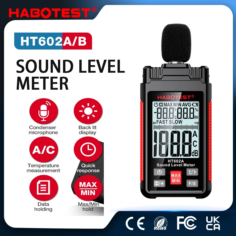 HABOTEST HT602 Sound Meter Audio Level Meter Sonometro Sound Meter Decibelimetro 30-130dB Decibel Meter Portable Noise Meter