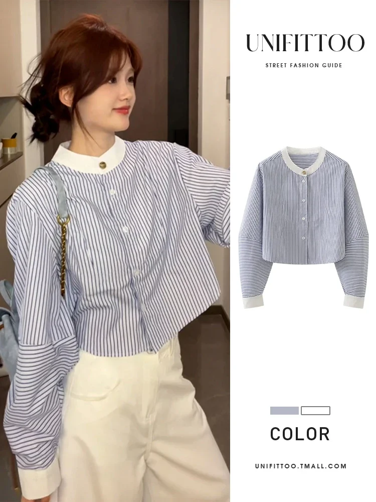 MiiiiX Office Lady Blue Striped Shirt Women's Blouse 2024 Autumn New Loose Design Long-sleeved Shirt Top Casual Female Clothes