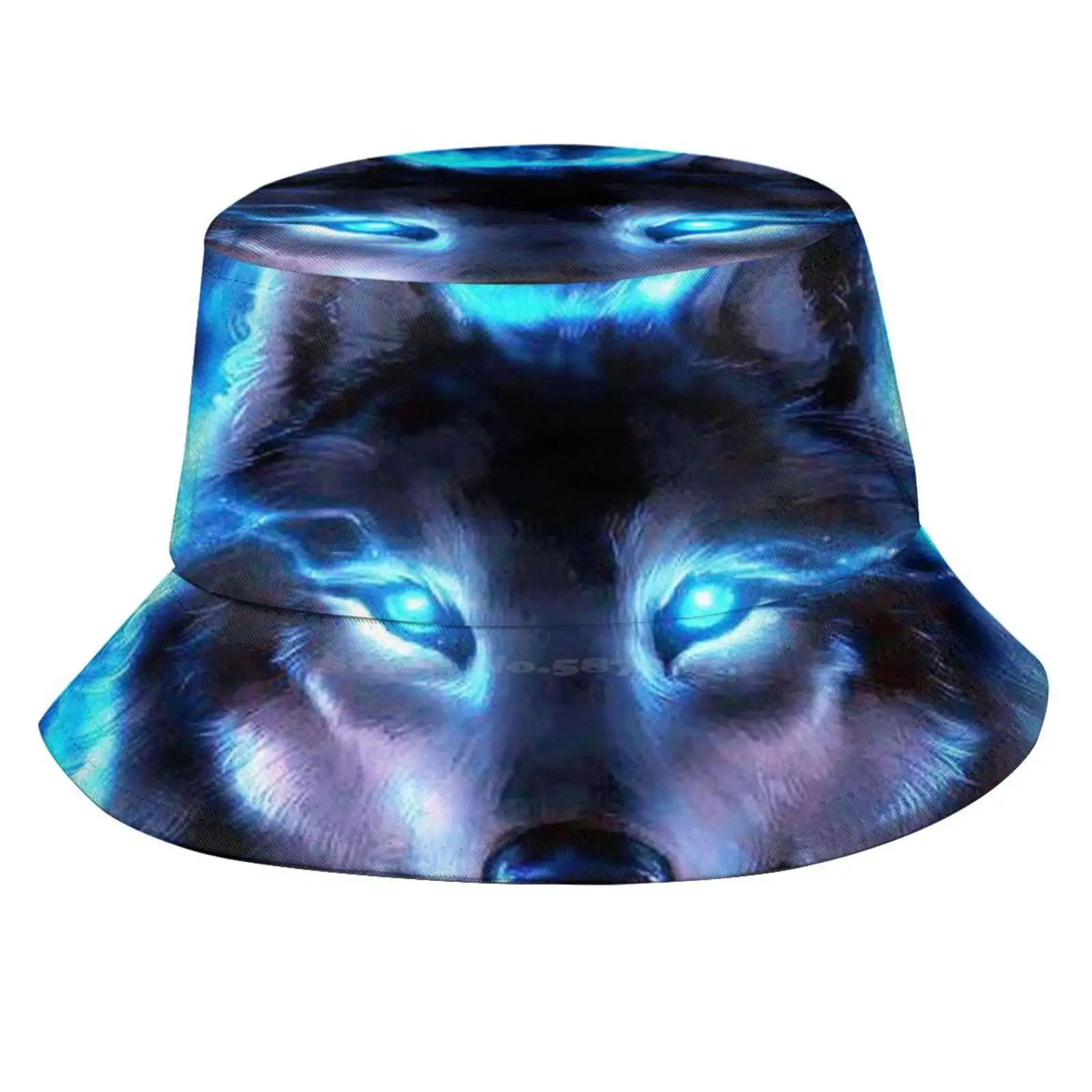 Spirit Dire Wolf, Blue Flames Sun Cap Fisherman Hat Bucket Hats Wolf Dog Black White Blue Flame Blue Fire Glowing Eyes