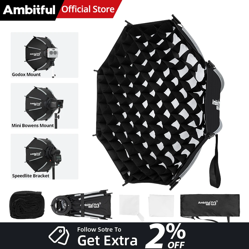 New AMBITFUL Q3 Softbox Light Box With Optional Grid,Mini Bowens Mount,GODOX Mount,Flashlight Bracket For GODOX YONGNUO NANLITE