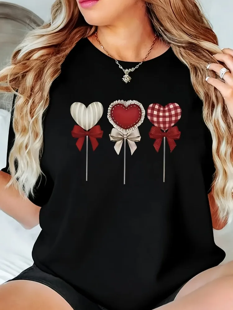 Fashion Plus Size Women's Casual Sports T-shirt Heart-shaped Lollipop Round Neck Short Sleeved Comfortable Loose Womens Clothing