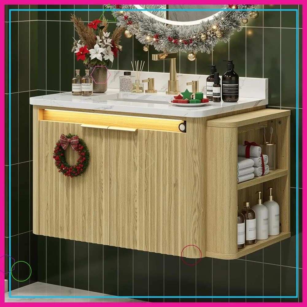 

30-дюймовый подвесной шкаф для ванной с датчиком движения, раковиной из мрамора и полками