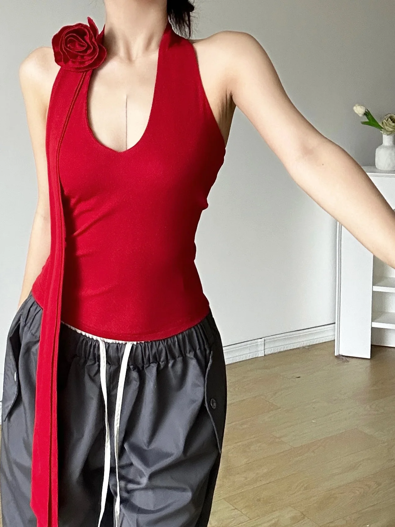 Summer 2024 Women's Cross-Border Style Neck Hanging High Waist Loose Straight Pure Color 3D Flower Vest Knitted Tube Top