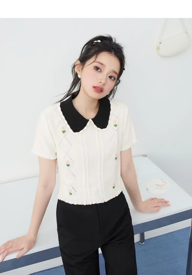 Doll Neck Knitted T-shirt Women Flower Embroidery Short Sleeve Cropped Tops