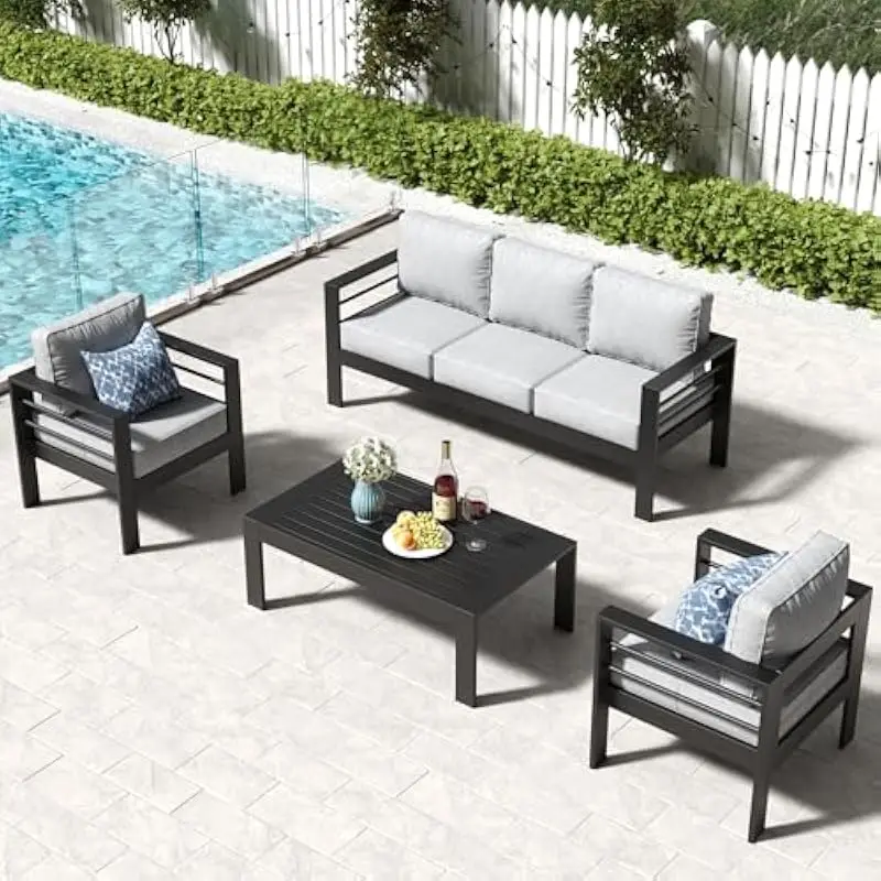 Outdoor 3-Person Sofa for Patio Garden Use Featuring Rustproof Aluminum Frame Weatherproof Olefin Upholstery Removable Cushion C