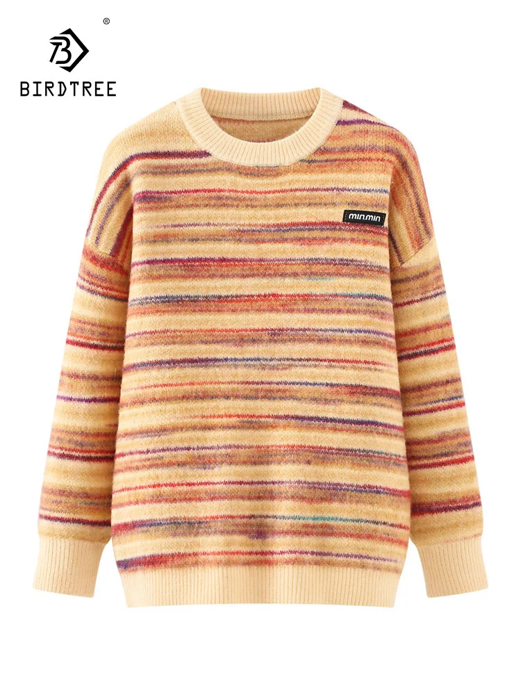 

Новый зимний свитер из смеси хлопка 2025, женский свитер с круглым вырезом в радужную полоску, свободный вязаный пуловер Mori Girl Fair Isle T5N527CC