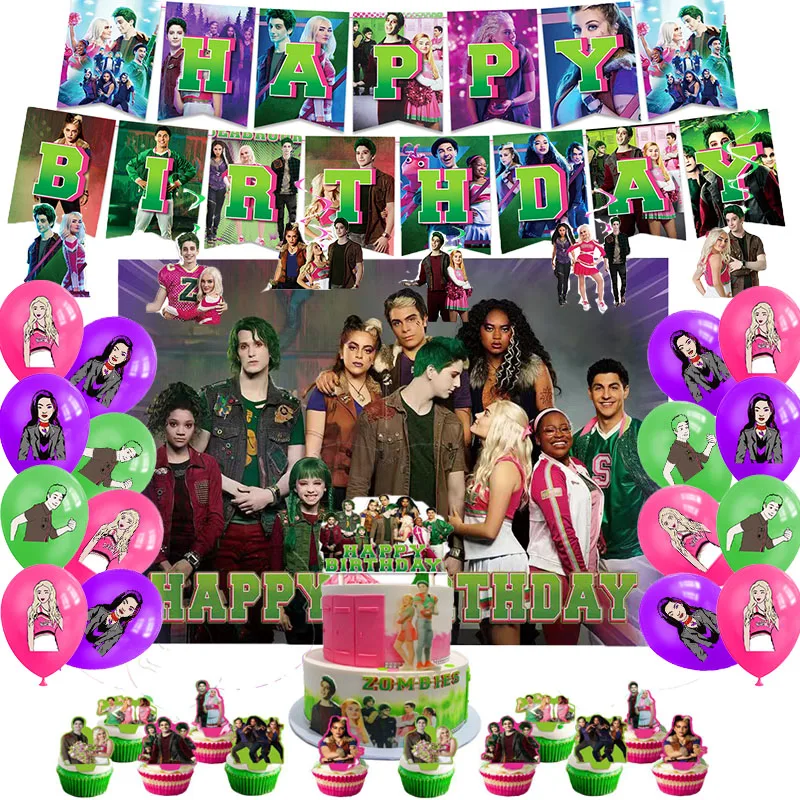 Disney Zombie High Birthday Party Decoration Zombie Zed Addison Balloon Banner Cake Topper Backdrop Toys for Party Supplies