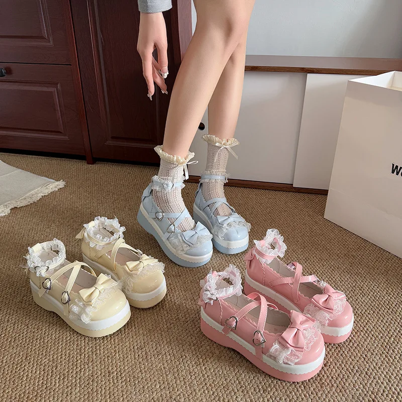 GC Sweet Girls Lolita Flat Platform Female Shoes Lace Bow Cute Marry Jane Height Increasing Women's College Style Jk Shoes