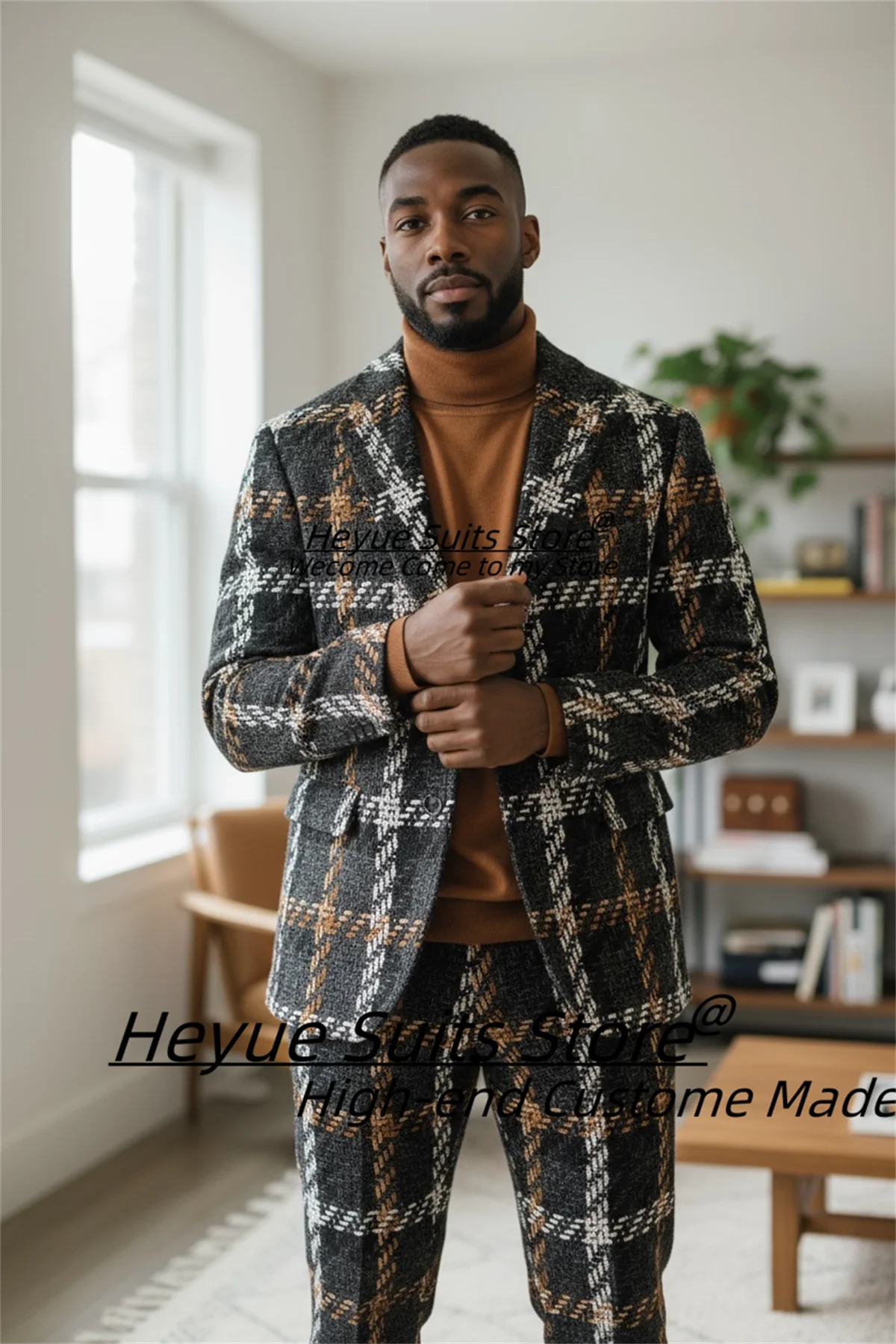 

Casual Plaid Men Suits Customized Slim Fit Peak Lapel Groom Wedding Tuxedos 2Pieces Sets Male Party Blazers Formal Costume Homme