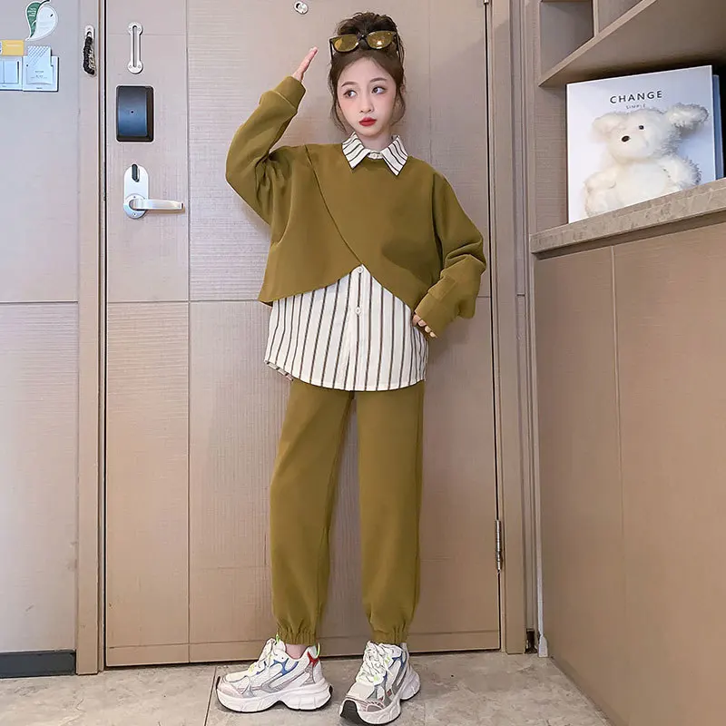 

Children Spring Autumn 3pcs Sets Long Sleeve Striped Shirt Fashion Top Sport Pants New Korean Suit Girls Outfits Kids Tracksuit