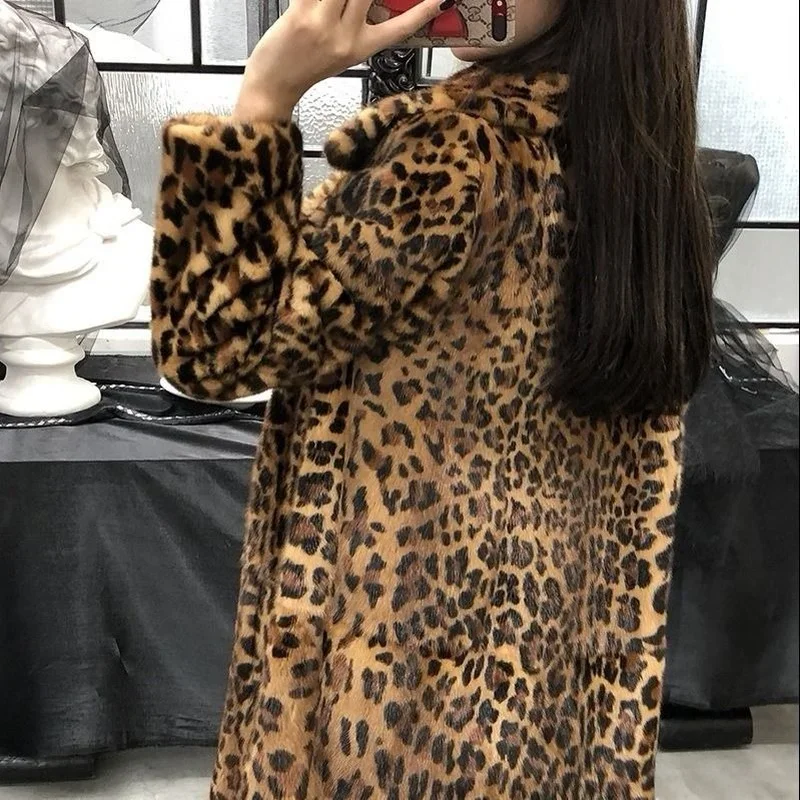 New Winter Korean Fashion Fluffy Warm Faux Fur Jacket Women Lapel Long Elegant Leopard Print Faux Mink Fur Jackets Coats E705