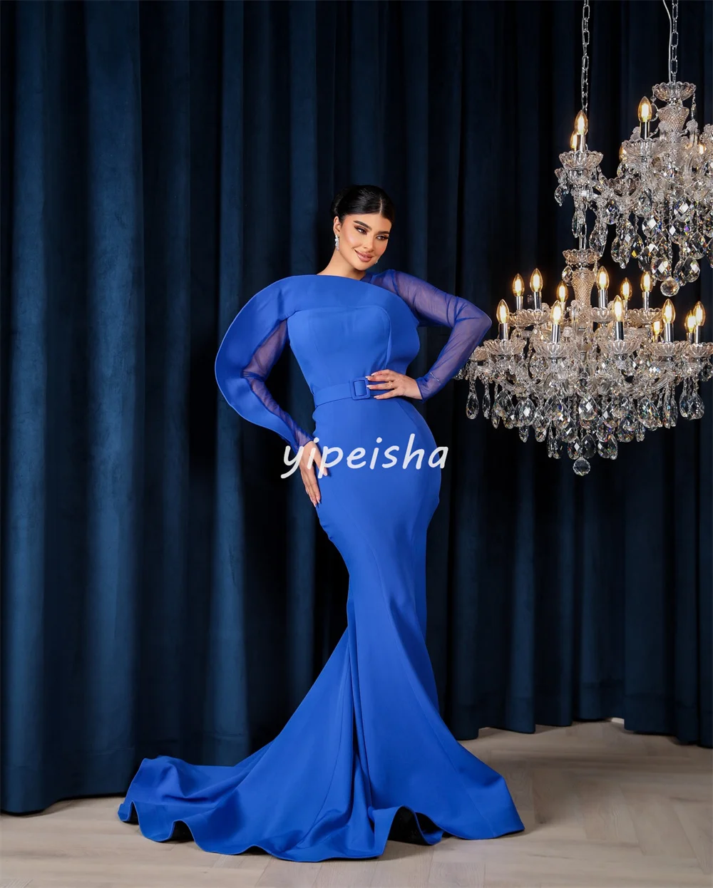 ที่กําหนดเองคุณภาพสูง Classic Jersey Sash Pleat Mermaid Scoop คอชุดยาว Bespoke โอกาสชุดสไตล์โมเดิร์นอย่างเป็นทางการ