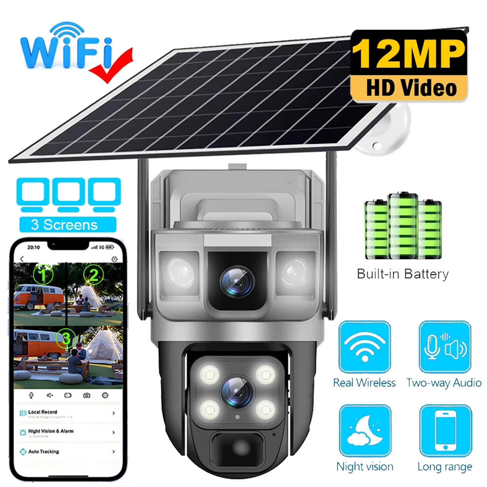 Wifi Solar Security Camera 360 PTZ Outdoor 12MP V380 Pro Cctv Dual Lens House Surveillance Cameras Smart Home Camarade Seguridad