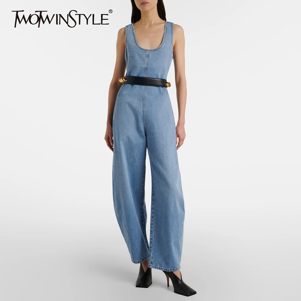

TWOTWINSTYLE Minimalist Commute Denim Jumpsuit for Women U Neck Sleeveless High Waist Wide Leg Silhouette for Art Exhibitions