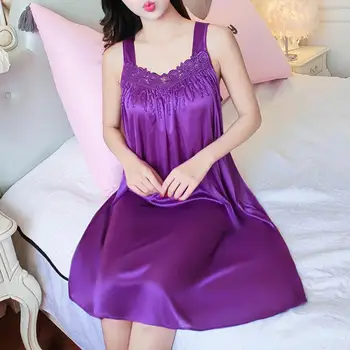 Lady Pajamas Solid Color Smooth Lace Patchwork Night Dress Comfortable Ventilate Casual Fashion Summer Women Night Gown Nightie