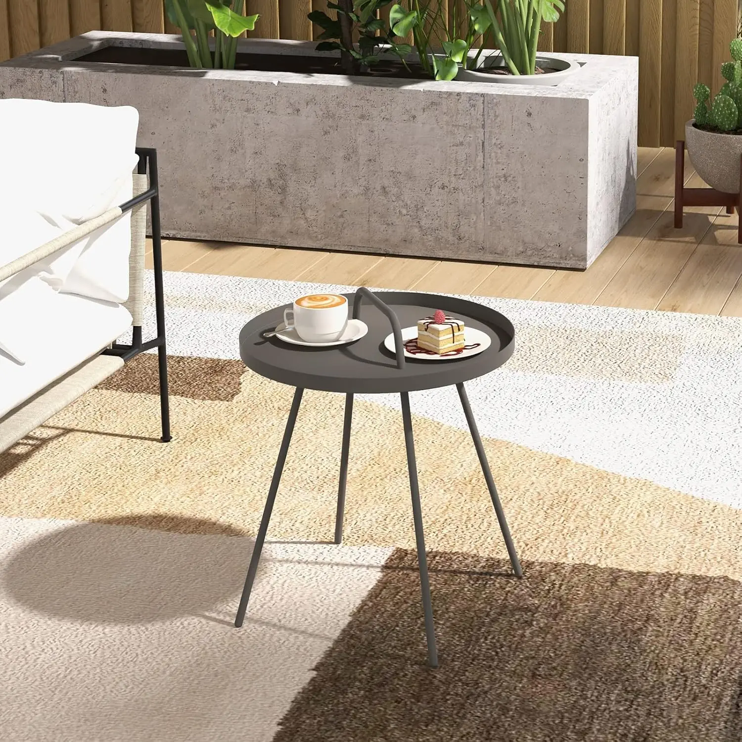 Outdoor Side Table with Handle Portable Small End Table 17-in Round Side Coffee Table