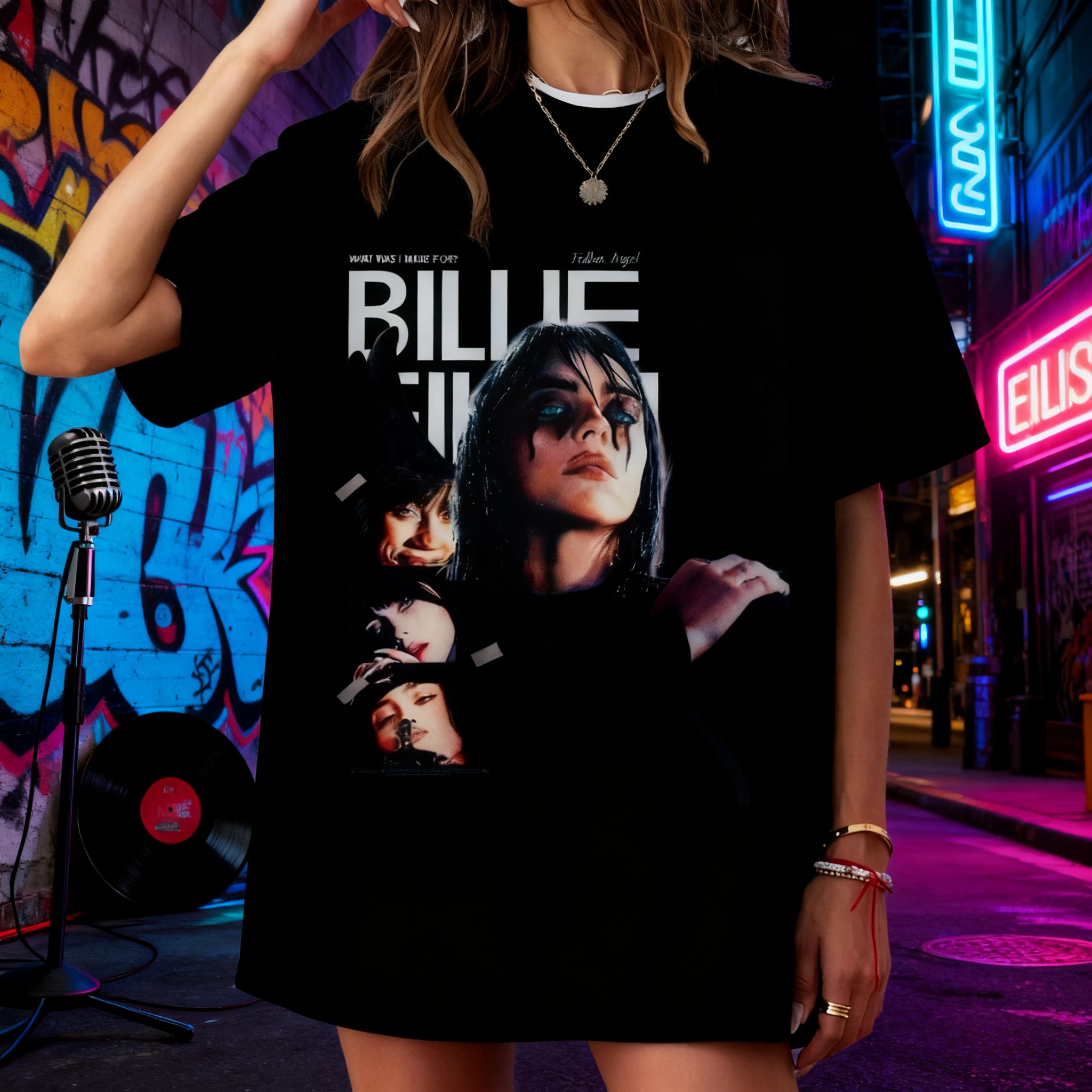 

2025 Summer Singer Billie Eilish Graphic Printed T-shirt Men's Hip-hop Retro Cotton Short-sleeved Loose Casual Shirt